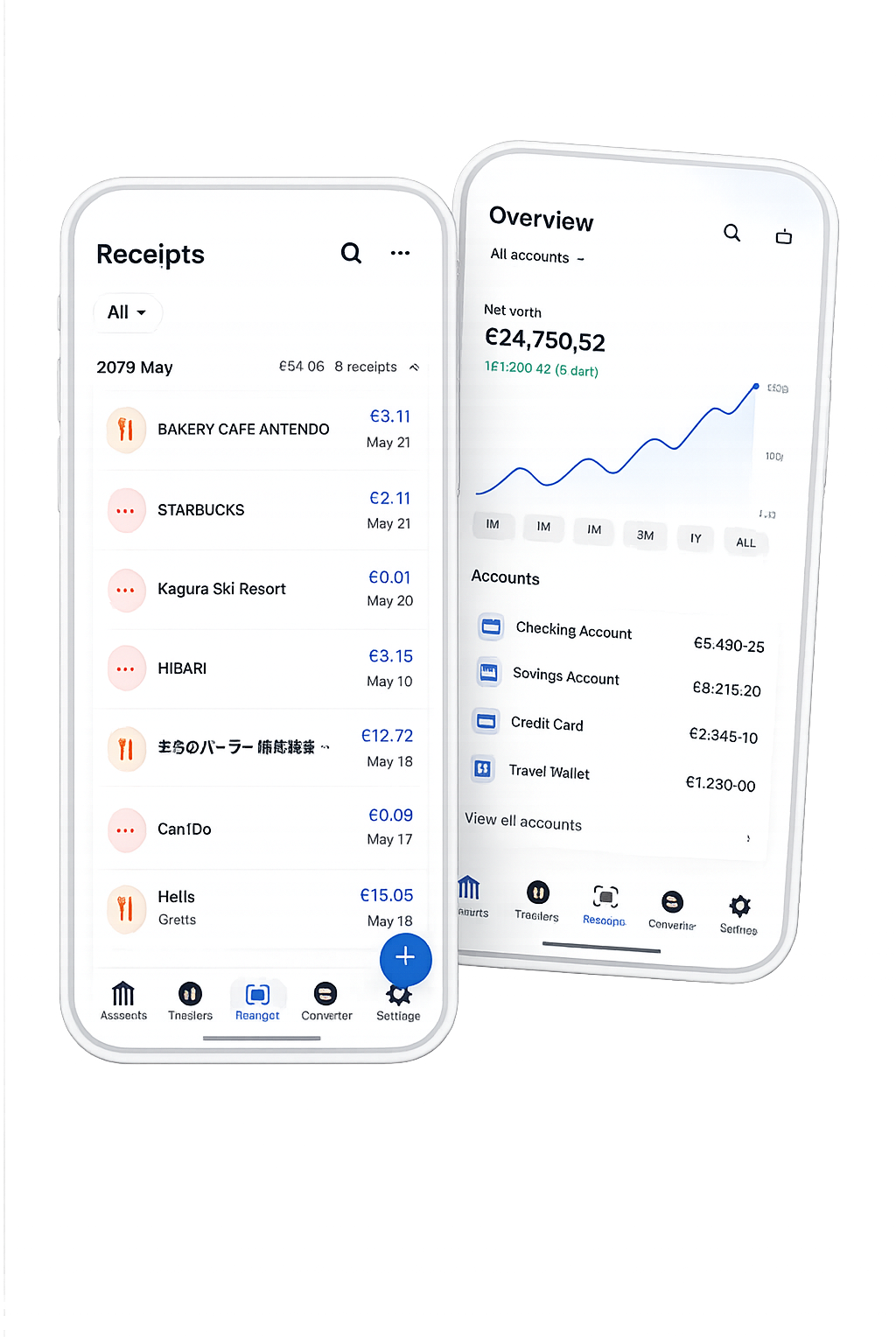 Monaka receipts and overview screens shown on two iPhones